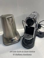 * NESPRESSO CITIZ & MILK COFFEE MACHINE BY / POWERS UP / HEAVY SIGNS OF USE / WATER TRAY BROKEN AND AEG 93901695 KETTLE / NO POWER / SIGNS OF USE