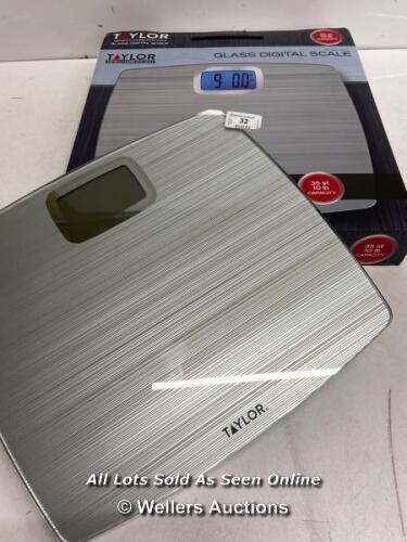 *TAYLOR BATH SCALES SILVER / POWERS UP, NOT FULLY TESTED FOR FUNCTIONALITY [2984]