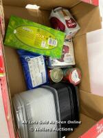 *BOX OF MIXED HOUSEHOLD AND FOOD ITEMS, INCLUDING TINNED SALMON, TAKEAWAY CONTAINERS, COFFEE CAPSULES ETC.