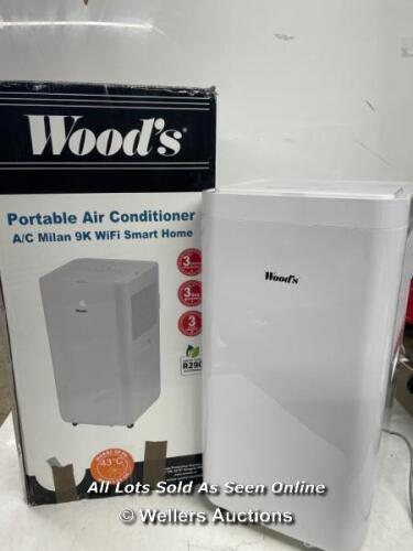 *WOOD'S MILAN 9K BTU PORTABLE AIR CONDITIONER WITH REMOTE CONTROL / POWERS UP, MAKING VERY LOUD NOISE, WITH REMOTE AND ACCESSORIES, SIGNS OF USE