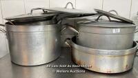 *5X LARGE COMMERCIAL SAUCEPANS AND 5X LIDS (LOCATED UPSTAIRS, BUYER TO REMOVE)