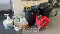 *2X BINS AND VARIOUS CLEANING LIQUIDS AND EQUIPMENT (LOCATED UPSTAIRS, BUYER TO REMOVE)