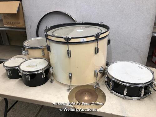*LOT OF DRUMS AND SYMBOLS, INCLUDING REMO AND PREMIER PERCUSSION