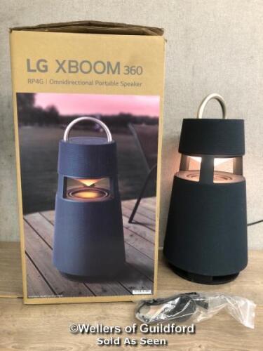 *LG BOOM 360 WIRELESS SPEAKER / POWERS UP AND APPEARS FUNCTIONAL, CONNECTS TO BLUETOOTH, WITH BOX AND CHARGING CABLE