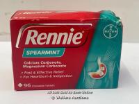*RENNIE HEARTBURN AND INDIGESTION RELIEF SPEARMINT 96 TABLETS / NEW