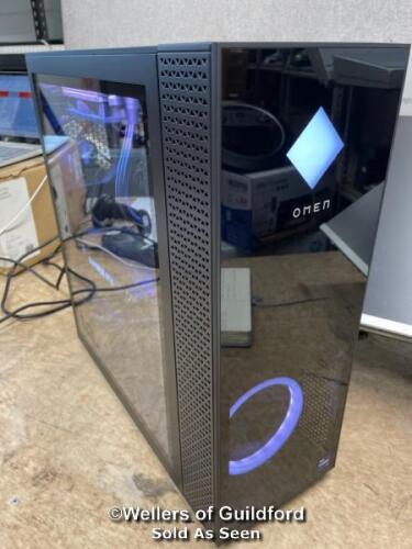 *HP OMEN, INTEL CORE I9, 32GB RAM, 1TB SSD + 2TB HDD, NVIDIA GEFORCE RTX 3080TI, GAMING DESKTOP PC / APPEARS NEW WITH OPEN BOX / POWERS UP / APPEARS FUNCTIONAL / SHOWING ON MONITOR AS FIRST START UP / MONITOR DOES NOT COME WITH THIS LOT - IT IS SHOWN FOR