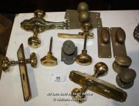 SEVEN PAIRS PERIOD BRASS DOOR HANDLES AND TWO SINGLES