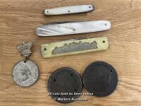 *1887 VICTORIA JUBILEE BADGE WITH TWO OLD PENNY COINS ONE DATED 1797 WITH SMALL HOLES CUT INTO THEM AND THREE SMALL MOTHER OF PEARL PEN KNIVES