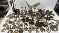 A LARGE COLLECTION OF BRASSWARE INCLUDING, ANIMALS, HORSEBRASS, FIRESIDE TOOLS, BELLS AND CANDLE HOLDERS