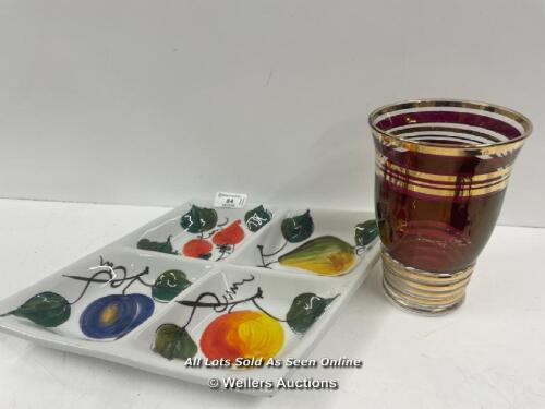 ITALIAN MADE FOUR SECTION FRUIT BOWL, SMALL CHIP TO ONE CORNER WITH A SMALL COLOURED GLASS VASE