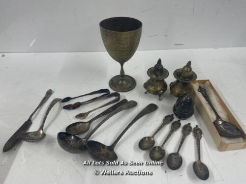 ASSORTED ANTIQUE E.P.N.S. METALWARE INCLUDING TROPHY DATED 1876, 1937 CORONATION SPOONS AND SALT & PEPPER SHAKERS