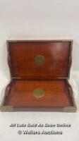 TWO WOODEN LAP TRAYS NESTLED TOGETHER, BRASS CORNERS. LARGEST 43 X 28CM