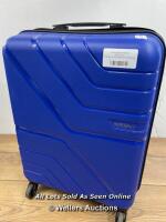*AMERICAN TOURISTER JET DRIVER 55CM CARRY ON HARDSIDE SPINNER CASE / SHELL,HANDLES AND WHEELS IN GOOD CONDITION/COMBINATION LOCK LOCKED/ZIP SLIGHT DAMAGE SEE IMAGES