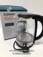 *COSORI ELECTRIC KETTLE, GLASS KETTLE WITH STAINLESS STEEL FILTER / POWERS UP, NOT FULLY TESTED FOR FUNCTIONALITY / LITTLE IF ANY USE [2990]