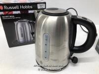 *RUSSELL HOBBS BUCKINGHAM QUIET BOIL 1.7 L 3000 W KETTLE 20460 - BRUSHED STAINLESS STEEL SILVER / POWERS UP, NOT FULLY TESTED FOR FUNCTIONALITY [2990]