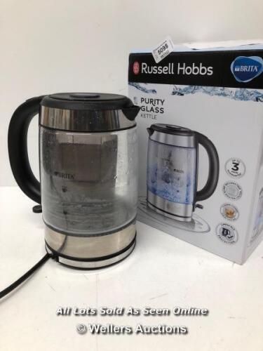 *RUSSELL HOBBS 20760-10 PURITY GLASS BRITA KETTLE / 1.5L / 3000 WATT / POWERS UP, NOT FULLY TESTED FOR FUNCTIONALITY [2990]