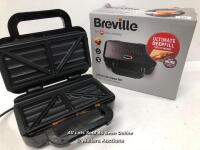 *BREVILLE ULTIMATE DEEP FILL TOASTIE MAKER " 2 SLICE SANDWICH TOASTER " REMOVABLE NON-STICK PLATES " STAINLESS STEEL " BLACK [VST082] / POWERS UP, NOT FULLY TESTED FOR FUNCTIONALITY / APPEARS TO BE FUNCTIONAL BUT MAYBE INCOMPLETE / MINOR SIGNS OF USE [299