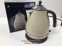 *DELONGHI KBOV3001BG VINTAGE ICONA BEIGE KETTLE / POWERS UP, NOT FULLY TESTED FOR FUNCTIONALITY / HEAVY SIGNS OF USE [2990]