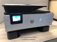 *HP OFFICEJET PRO 9019E ALL-IN-ONE WIRELESS INKJET PRINTER / POWERS UP, SIGNS OF USE, PAPER JAM REPORTED, MISSING BOTTOM TRAY