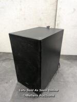 *SAMSUNG HW-Q600B SUBWOOFER ONLY / POWERS UP / UNTESTED / SEE IMAGES FOR DAMAGE TO FRONT MATERIAL AND BACK TOP CASE