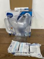 *BRITA MAXTRA+XL STYLE JUG / SIGNS OF USE WITH THREE FILTERS / OPEN BOX / CRACKED ON THE TOP OF SIDE