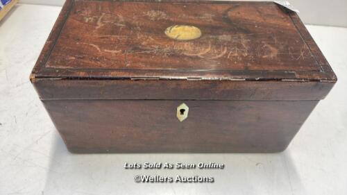*ANTIQUE WOODEN BOX WITH MOTHER OF PEARL LOCK DETAIL AND BRASS HINGES LOCK. / STAFF REF. B
