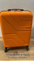 *AMERICAN TOURISTER JET DRIVER 55CM CARRY ON HARDSIDE SPINNER CASE / ZIPS, WHEELS, HANDLES AND SHELL IN GOOD CONDITION, COMBINATION UNLOCKED, SIGNS OF USE