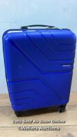 *AMERICAN TOURISTER JET DRIVER 55CM CARRY ON HARDSIDE SPINNER CASE / DAMAGED ZIP, HANDLES, WHEELS AND SHELL IN GOOD CONDITION, SLIGHTLY DENTED, COMBINATION UNLOCKED