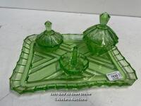 *VINTAGE GREEN GLASS DRESSING TABLE TRAY WITH TWO TRINKET DISHES & RING HOLDER / GOOD CONDITION
