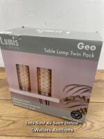 *GEO TOUCH TABLE LAMP SET WITH GEOMETRIC PATTERNED FRETWORK & PEWTER FINISH / APPEARS NEW OPENED BOX