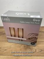 *GEO TOUCH TABLE LAMP SET WITH GEOMETRIC PATTERNED FRETWORK & PEWTER FINISH / APPEARS NEW OPENED BOX