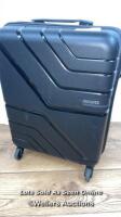 *AMERICAN TOURISTER JET DRIVER 55CM CARRY ON HARDSIDE SPINNER CASE / SIGNS OF USE/WHEELS AND ZIPS IN WORKING ORDER/TOP HANDLE MISSING COMBINATION
