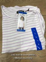 *LADIES NEW BUFFALO FRENCH TERRY SHORT SLEEVE TOP - WHITE/LAVENDER STRIPE - SIZE L