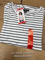 *LADIES NEW BUFFALO FRENCH TERRY SHORT SLEEVE TOP - WHITE/NAVY STRIPE - SIZE M
