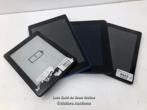 *4X AMAZON KINDLES, VARIOUS MODELS, ALL SHOWING SIGNS OF USE