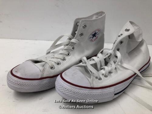 CONVERSE ALL STAR HIGH TOPS, WHITE AND RED, 1X UK 7.5 & 1X UK 8, MINIMAL SIGNS OF USE