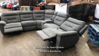 *KUKA JUSTIN GREY FABRIC POWER RECLINING SECTIONAL SOFA (3 POWER RECLINERS & STORAGE CONSOLE WITH STAINLESS STEEL CUP HOLDERS & USB PORT) / POWERS UP ALL RECLINERS ARE IN WORKING ORDER/SOFA IS IN VERY GOOD CONDITION,FREE FROM RIPS AND TEARS