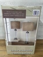 *KRIS GLASS AND STEEL TABLE LAMPS WITH LIGHT GREY FABRIC SHADE, GLASS & STEEL DESIGN, ANTIQUE DARK NICKEL FINISH / APPEARS NEW OPEN BOX