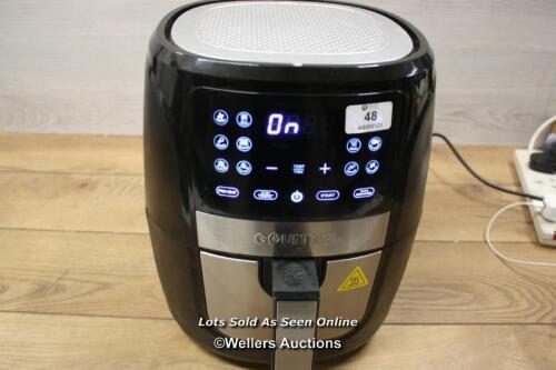 *GOURMIA 5.7L DIGITAL AIR FRYER WITH 12 ONE TOUCH COOKING FUNCTIONS / POWERS UP / SCRATCHES TO INSIDE TRAY / SIGNS OF USE