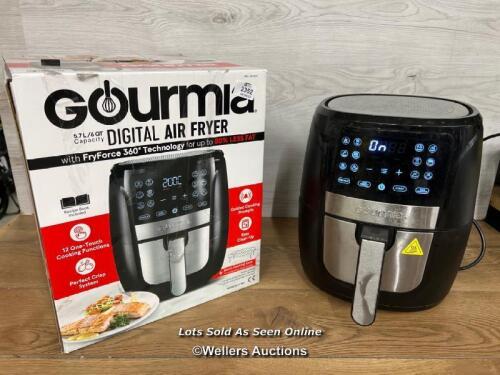 *GOURMIA 5.7L DIGITAL AIR FRYER WITH 12 ONE TOUCH COOKING FUNCTIONS / POWERS UP / SIGNS OF USE / PLUG LOOSE