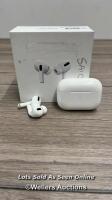 *APPLE AIRPODS PRO WITH MAGSAFE CHARGING CASE MLWK3ZM/A, POWERS UP, CONNECTS TO BLUETOOTH, PLAYS MUSIC, MINIMAL SIGNS OF USE, LEFT EAR WORKING ONLY