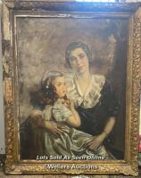 A LARGE OIL ON CANVAS PORTRAIT OF A MOTHER AND CHILD, FAINT SIGNATURE DATED 1936. IN NEED OF RESTORATION, 78 X 103CM, THIS PAINTING IS ORIGINALLY FROM ROMANIA.