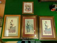 4X FRAMED AND GLAZED SNOOKER RELATED PRINTS, 3 FROM VANITY FAIR, 2 OF WHICH ARE FROM APRIL 4 1885 / LARGEST FRAMES 39.5CM (W) X 54CM (H) [THIS LOT WILL NEED COLLECTING FROM THE ACADEMY BILLIARD COMPANY IN WEST BYFLEET, THE FULL ADDRESS WILL BE GIVEN OUT P