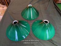 3X COOLIE GREEN GLASS HAND MADE SHADES / 29.5CM (DIA) [THIS LOT WILL NEED COLLECTING FROM THE ACADEMY BILLIARD COMPANY IN WEST BYFLEET, THE FULL ADDRESS WILL BE GIVEN OUT POST SALE]