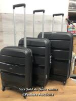 *AMERICAN TOURISTER BON AIR 3 PC. BLACK SUIT CASE SET / SHELL, HANDLES, WHEELS AND ZIPS ON ALL CASES IN GOOD CONDITION / LOCK DAMAGED ON LARGE CASE