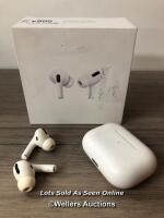 *APPLE AIRPODS PRO WITH WIRELESS CHARGING CASE / MWP22ZM/A / POWERS UP, CONNECTS TO BLUETOOTH, RIGHT EAR NOT WORKING, MINIMAL SIGNS OF USE