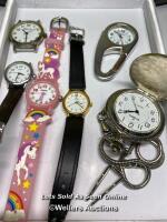 *X1 ECVATOR POCKET WATCH AND X5 WATCHES INCL. CONSTANT, TITAN, JNEW, RAVEL - MISSING STRAP AND TIMEX - STRAP DAMAGED
