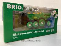 *BRIO WORLD BIG GREEN ACTION LOCOMOTIVE BATTERY POWERED WOODEN TRAIN FOR KIDS AGE 3 YEARS AND UP - COMPATIBLE WITH ALL BRIO RAILWAY SETS / APPEARS NEW, OPEN BOX [2996]