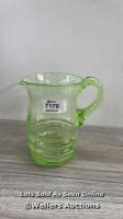 *RETRO ART DECO GREEN URANIUM GLASS PITCHER JUG 15.5CM TALL