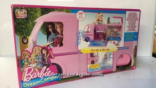 *BARBIE FBR34 ESTATE DREAM CAMPER PINK POP OUT CARAVAN FOR DOLLS, ACCESSORIES INCLUDED, PLAYSET VEHICLE [AMAZON EXCLUSIVE] / SIGNS OF USE [2996]